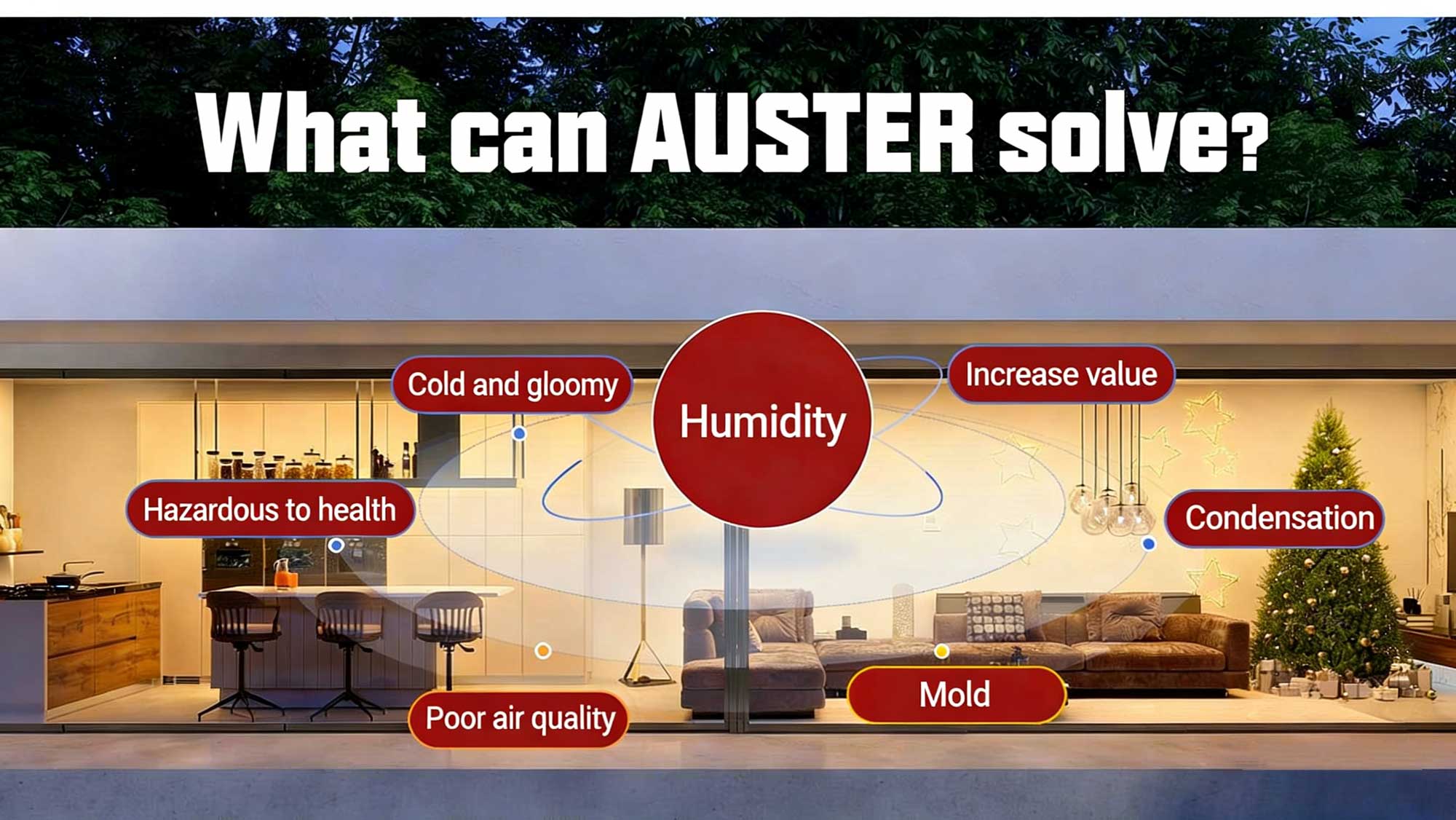 AUSTER carbon infrared moisture-proof and mold prevention system solves common household humidity problems including chill, condensation, mold, poor air quality and health risks, increasing property value.