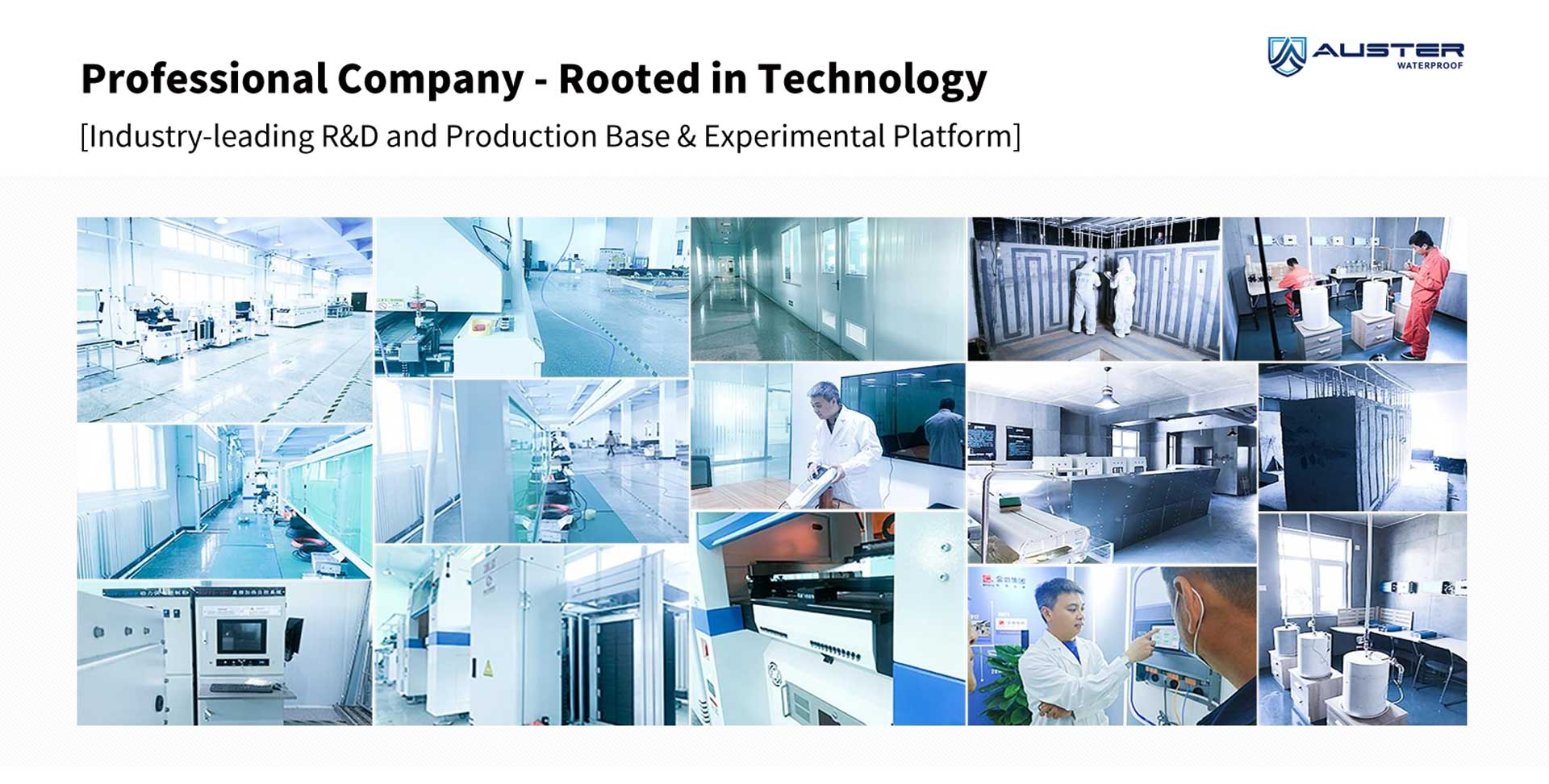 AUSTER professional R&D and production base & experimental platform, an industry-leading technology-rooted enterprise, showcasing clean laboratories, precision equipment, and R&D scenarios